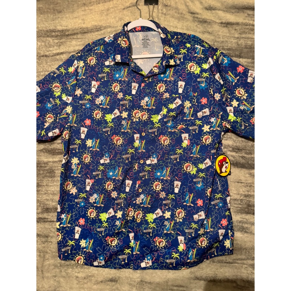 Buc-ee's Mens Tropical Camper Shirt Blue All Over Print Short Sleeve 2XL NEW